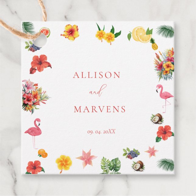 Vitaktig färgad Roligt Tropiskt flamingle Bröllop Gåvor Etiketter (Framsida)