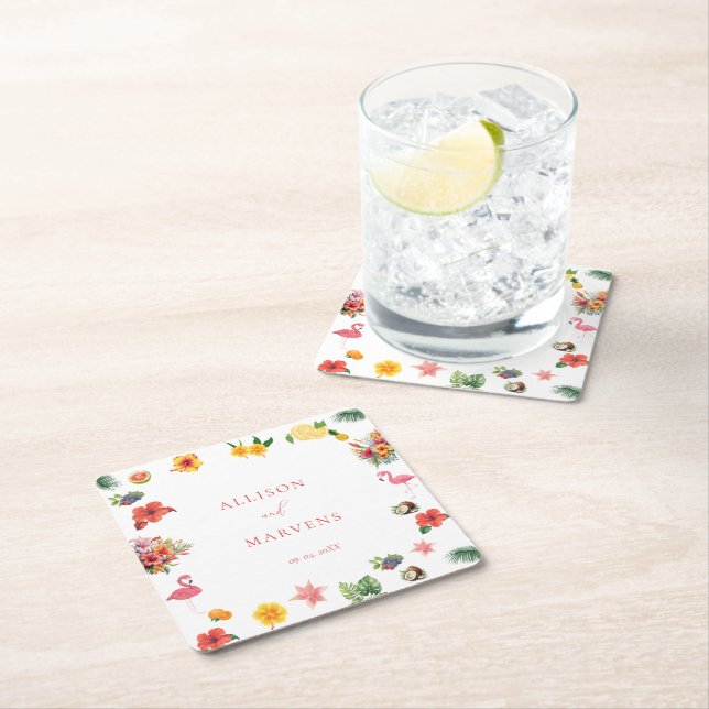 Vitaktig färgad Roligt Tropiskt flamingle Bröllop Underlägg Papper Kvadrat (Insitu)