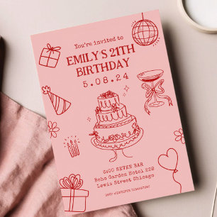 Vitaktig Funky Quirky hand Teckning Birthday Inbjudningar