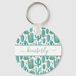 Vitaktig grönt, vit mönster cactus monogram nyckelring