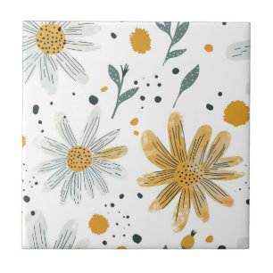 Vitaktig Gult och vitt Blommönster Kakelplatta