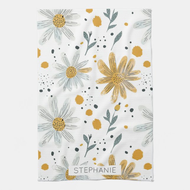 Vitaktig Gult och vitt Blommönster Kökshandduk (Vertikal)