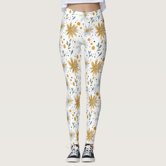 Vitaktig Gult och vitt Blommönster Leggings (Framsida)