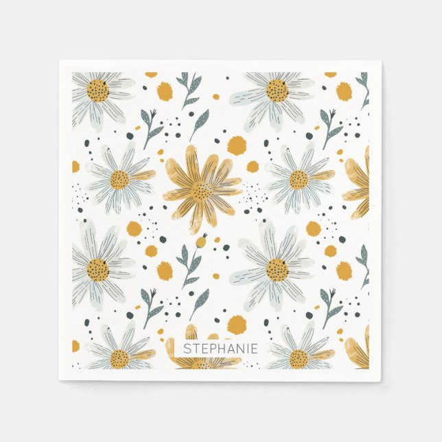 Vitaktig Gult och vitt Blommönster Pappersservett (Framsidan)