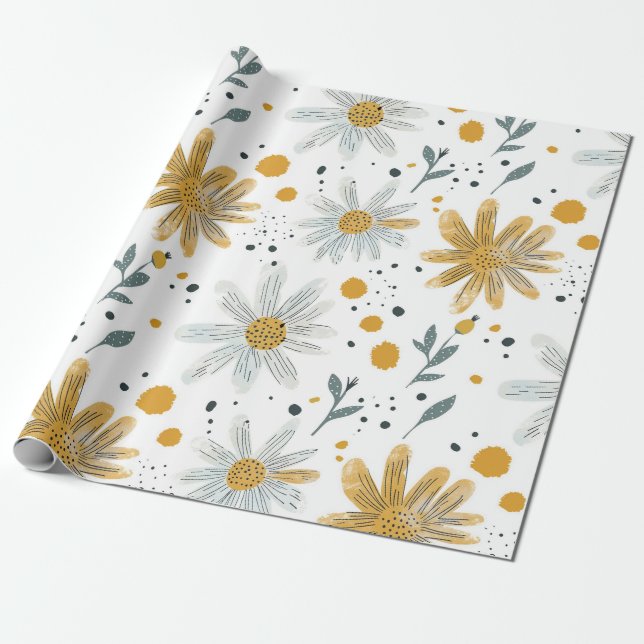 Vitaktig Gult och vitt Blommönster Presentpapper (Utrullad)