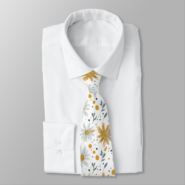 Vitaktig Gult och vitt Blommönster Slips (Bunden)