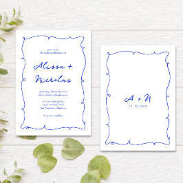 Vitaktig Hand plockade Gräns Blue Monogram Bröllop Inbjudningar