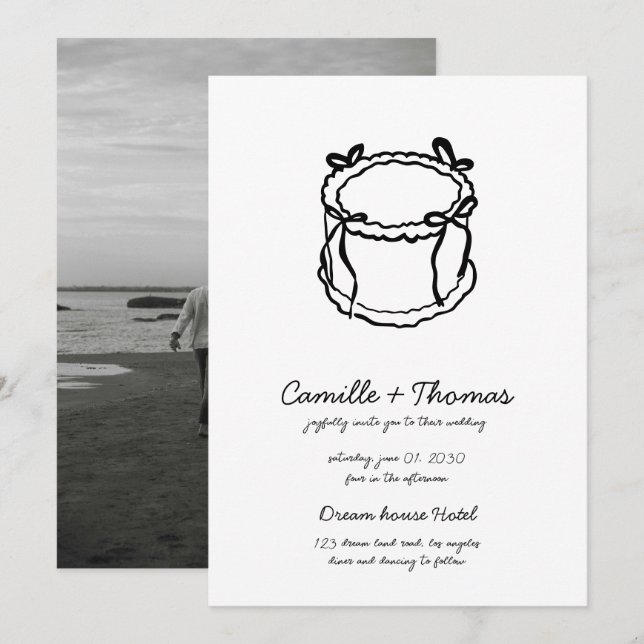 Vitaktig, handritad inbjudan till fotobröllop med  (Fram/baksida)
