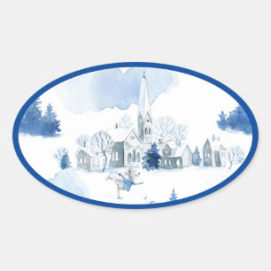 Vitaktig Helgdag för byarna Blue och White Ovalt Klistermärke