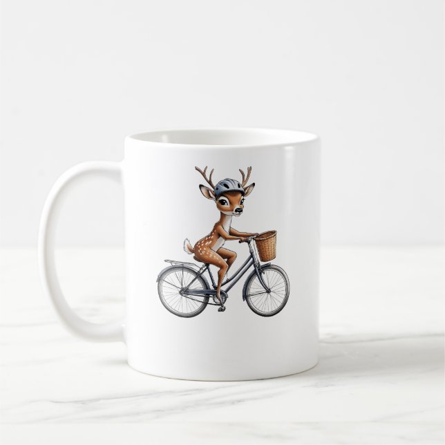 Vitaktig Hjort Riding a Bicycle - Handritad Kaffemugg (Vänster)