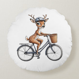 Vitaktig Hjort Riding a Bicycle - Handritad Rund Kudde