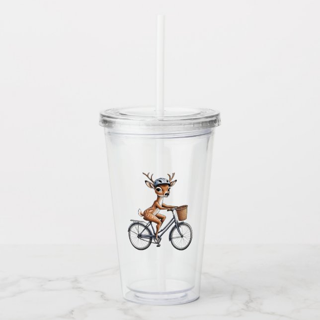 Vitaktig Hjort Riding a Bicycle - Handritad Take Away Mugg (Framsida)