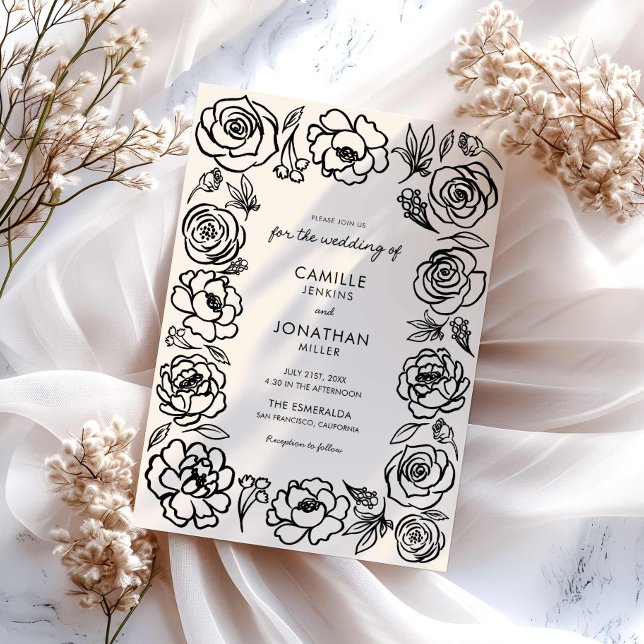 Vitaktig inbjudan till bröllop i Blommigten Hand p (Whimsical hand floral wedding invitation)