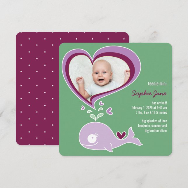 Vitaktig Kärlek Lila Whale Flicka foto Birth Meddelande (Fram/baksida)