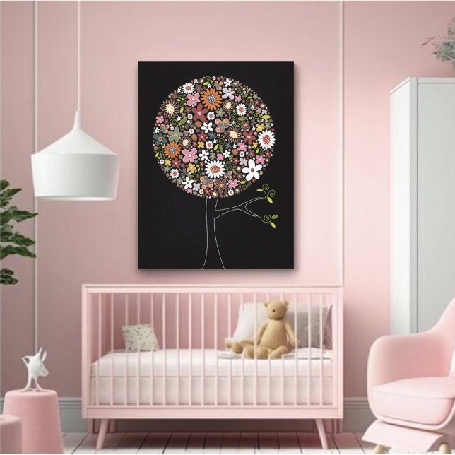 Vitaktig konst av Vår blommor Pop Träd Baby Nurser Canvastryck (Whimsical Spring Flowers Pop Tree Baby Nursery Art Canvas Print @ fat_fa_tin)