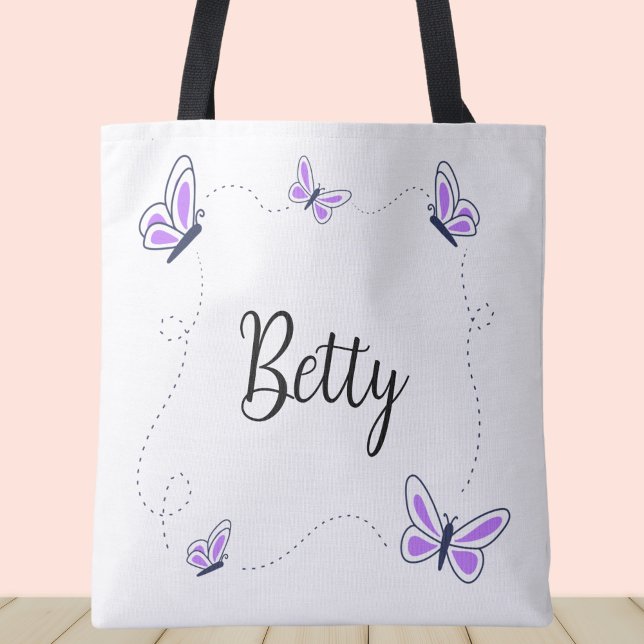 Vitaktig Lila och vitfjärilar Tygkasse (Purple butterflies custom name tote bag.)