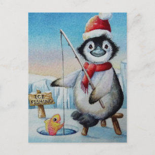 Vitaktig Penguin Ice Fishing Watercolor Art Vykort
