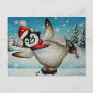 Vitaktig penguin Ice Skating Watercolor Art Vykort