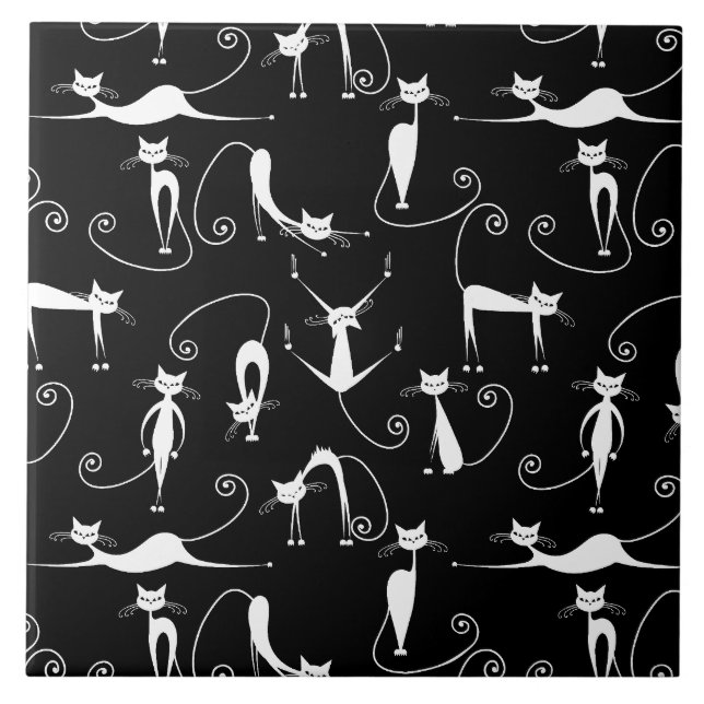 Vitaktig Smala Kat Mönster Kakelplatta (Framsidan)