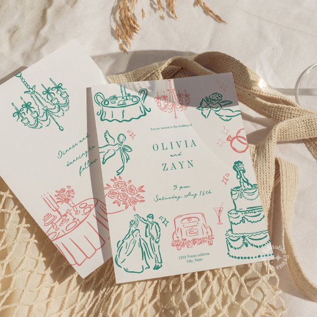 Vitaktig turkos för inbjudan till Hand plockade-br (Whimsical Hand Drawn Wedding Invitation Green Coral Pink)