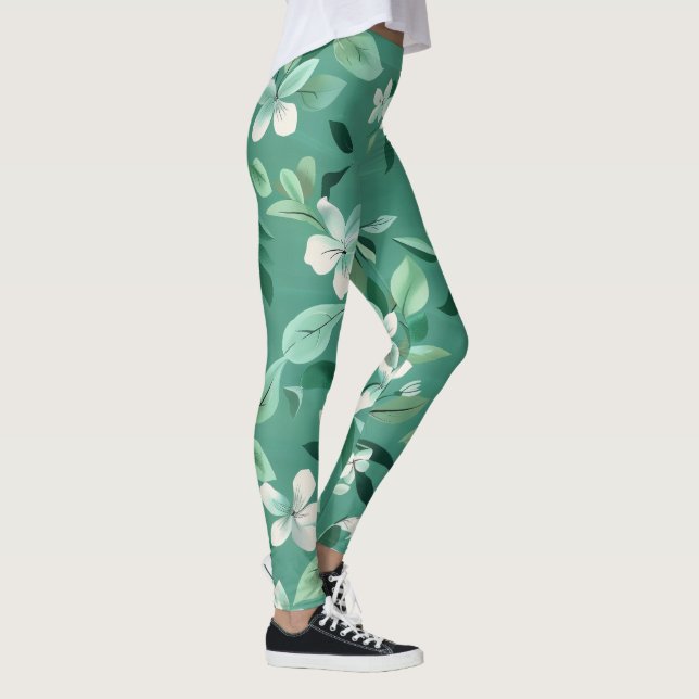 Vitaktiga Blommar på Teal Leggings (Höger)