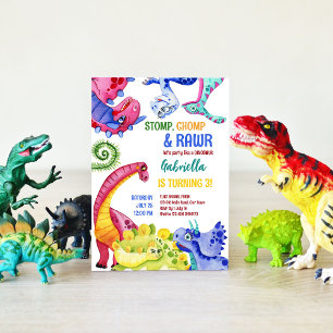 Vitaktiga färgade dinosaurier barns födelsedag par inbjudningar
