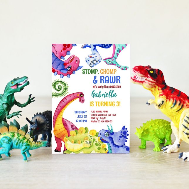 Vitaktiga färgade dinosaurier barns födelsedag par inbjudningar (Skapare uppladdad)