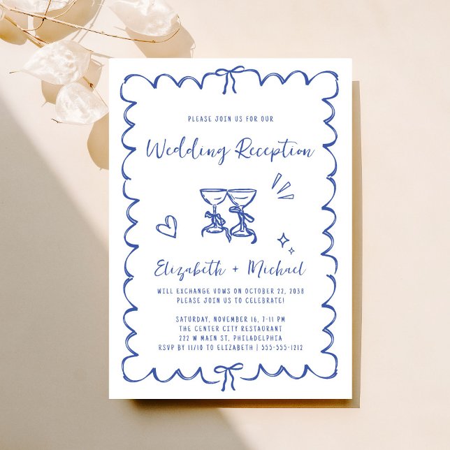 Vitaktigt Hand plockade-blåsbröllop Inbjudningar (
Fun reception invitation featuring whimsical hand drawn wine glasses with hearts + coquette bows)