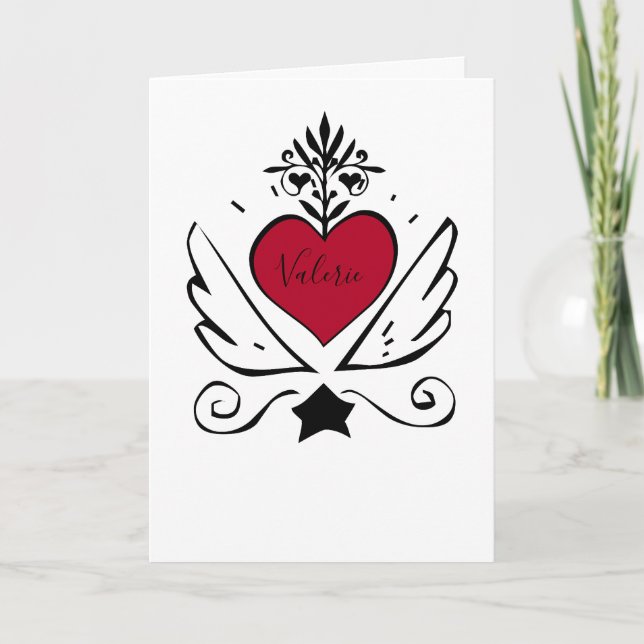 Vitaktigt rött hjärta med Vinge Valentine Helgkort (Framsida)
