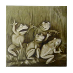 Vitaktigt runt 1900 Repro Tile med 4 grodor Kakelplatta
