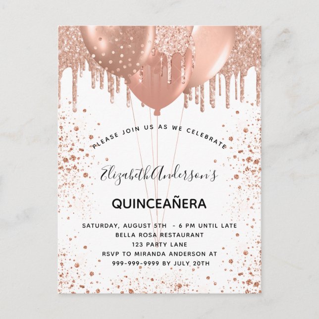 Vitballonger från Quinceanera ro guld Inbjudan Vykort (Framsida)