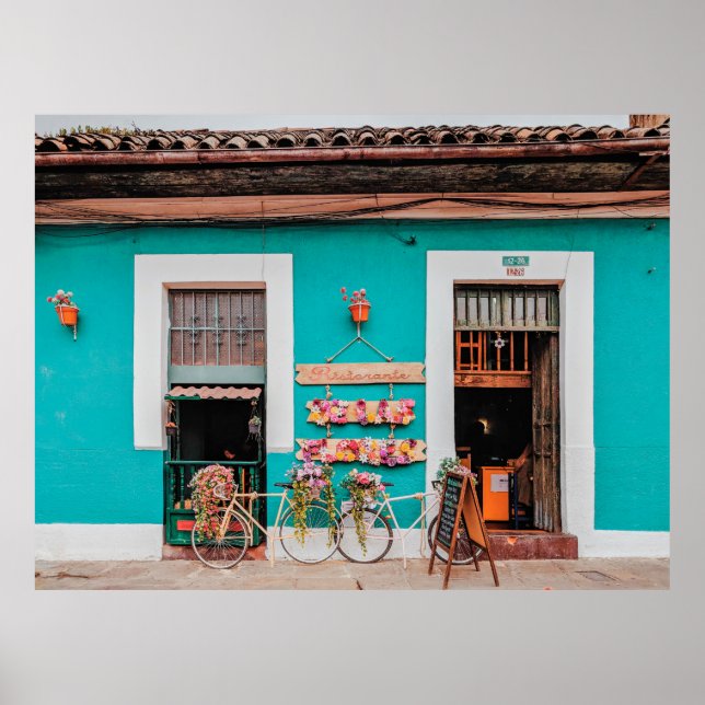 VITBICYCLE PARKED BESIDE TEAL PAINTED CONRETE POSTER (Framsidan)