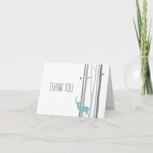 Vitbjörkträd med hjort och fåglar tackar dig tack kort (Framsida)