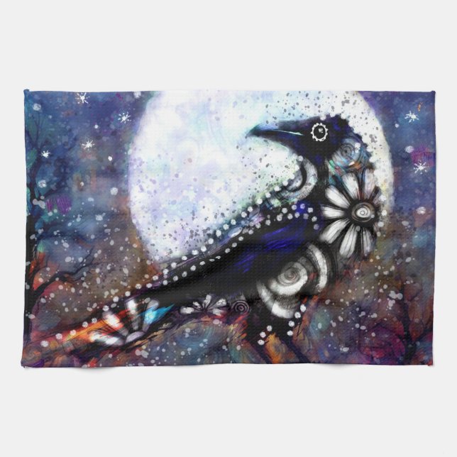 Vitblå Blommigten Raven Måne, vit  Kökshandduk (Horisontell)