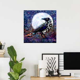 Vitblå Blommigten Raven Måne, vit Poster