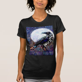 Vitblå Blommigten Raven Måne, vit T Shirt