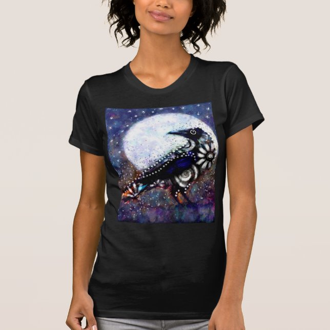 Vitblå Blommigten Raven Måne, vit  T Shirt (Framsida)