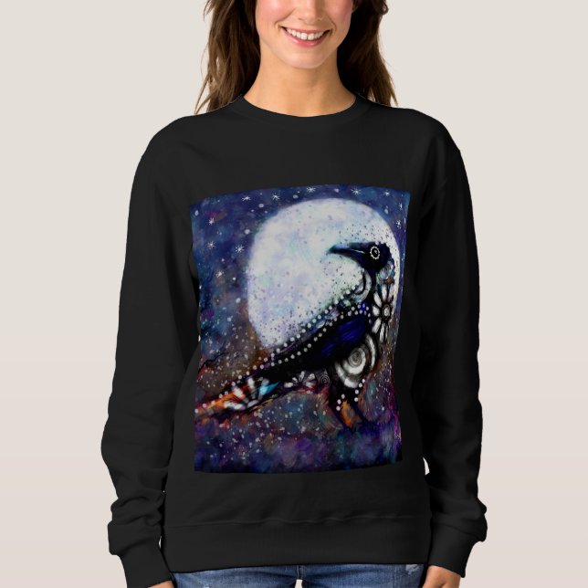 Vitblå Blommigten Raven Måne, vit  T Shirt (Framsida)