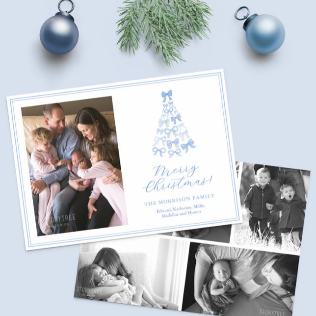 Vitblått foto med vit God jul Julkort (Trendy watercolor blue bows Merry Christmas photo collage holidays card)