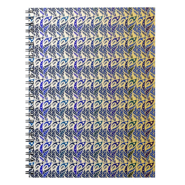 Vitblått och guld-fågelfjäder mönster anteckningsbok med spiral (Framsidan)