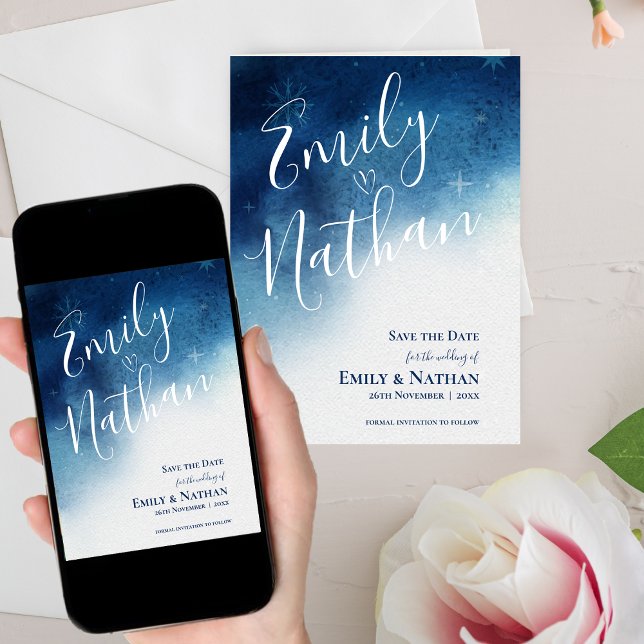 Vitblåvitsmunnesten Bröllop Spara Datumet (Whimsical Blue White Snowflake Elegance Wedding Save The Date)