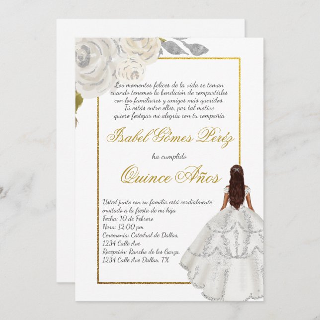 Vitblomman Quince-inbjudan på spanska Inbjudningar (Fram/baksida)