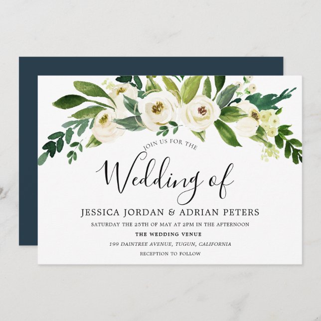 Vitblommig Blommigt - inbjudan till grönt bröllop (Fram/baksida)