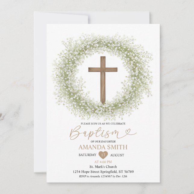 Vitblommor Babybabyns andedräkt Kor Baptism Inbjudningar (Framsida)