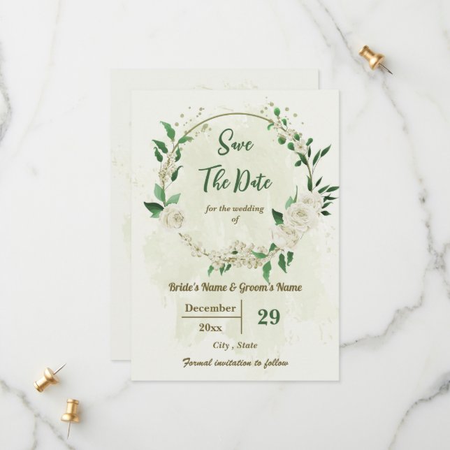 Vitblommor, botaniska bröllop spara datumet (Fram/Back In Situ)