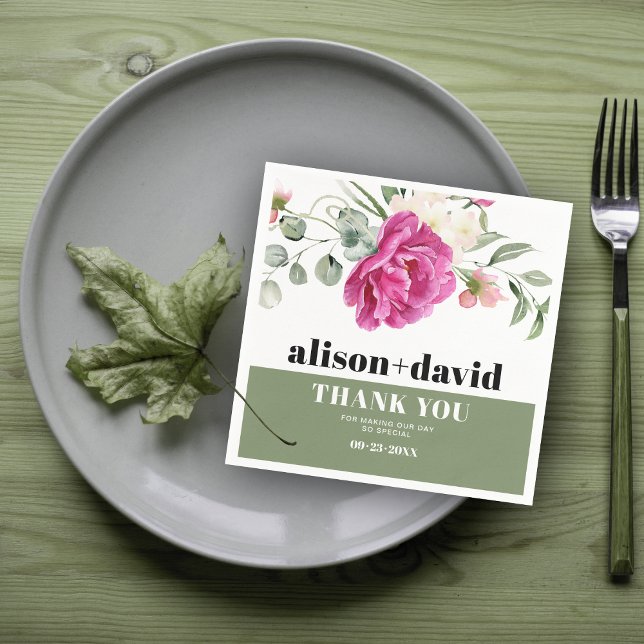 Vitblommor från Eucalyptus gren rosa ros bröllop Pappersservett (Skapare uppladdad)