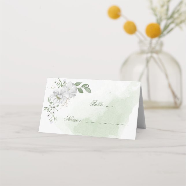 Vitblommor grönt löv botaniskt placeringskort (Framsida)