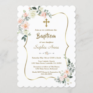 Vitblommor med Rosa Guld Flickor Baptism Inbjudningar