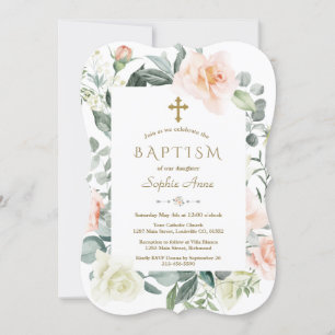 vitblommor med vattenfärg Guld Girl Baptism Inbjudningar