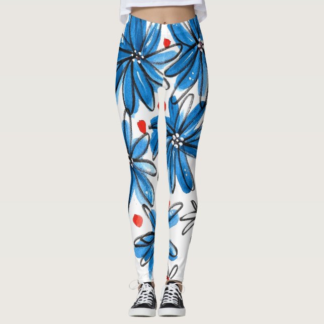 Vitblommor och blåvitblommor leggings (Framsida)